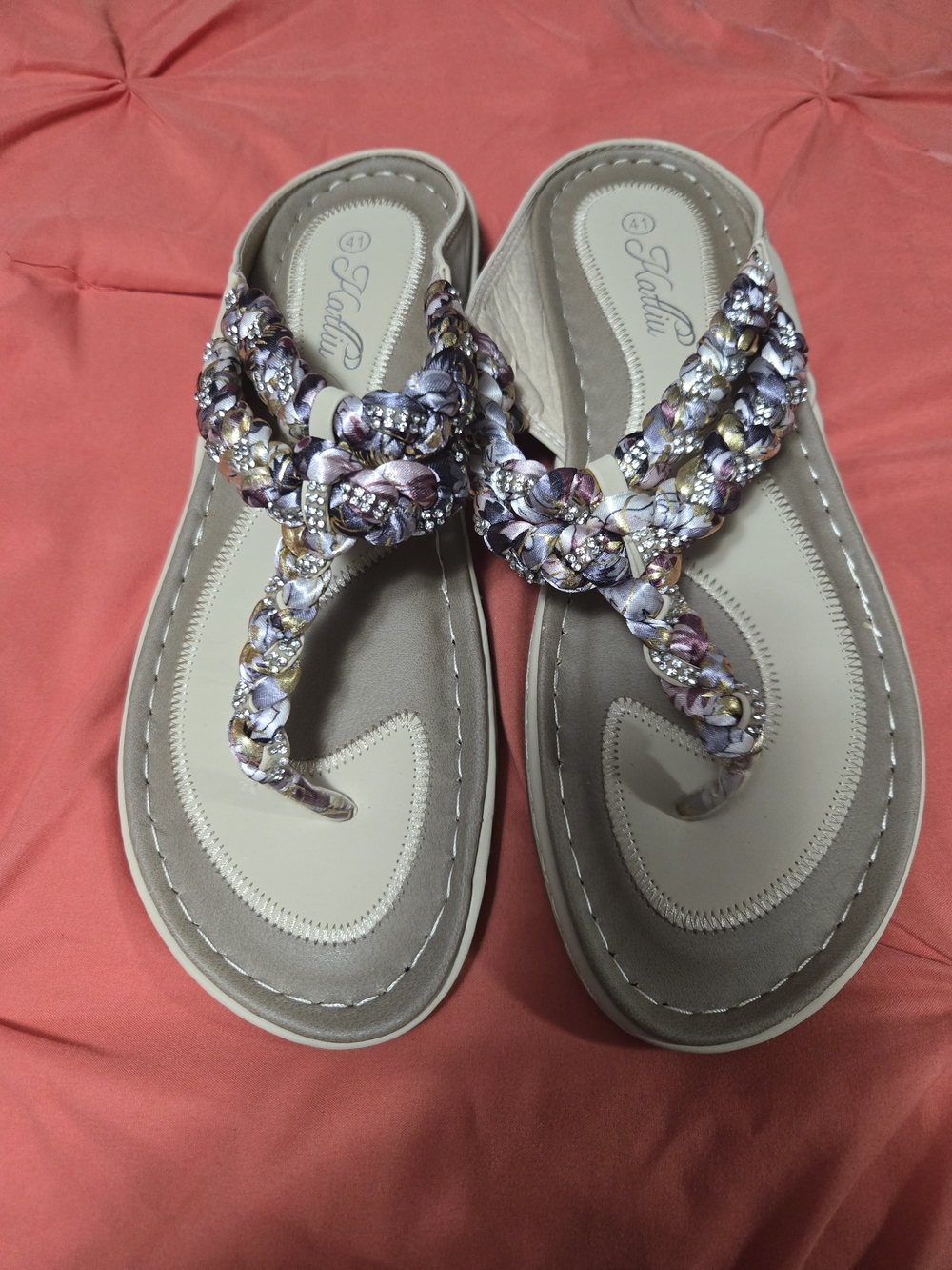 Braided Floral Detail Beige Thong Sandals
